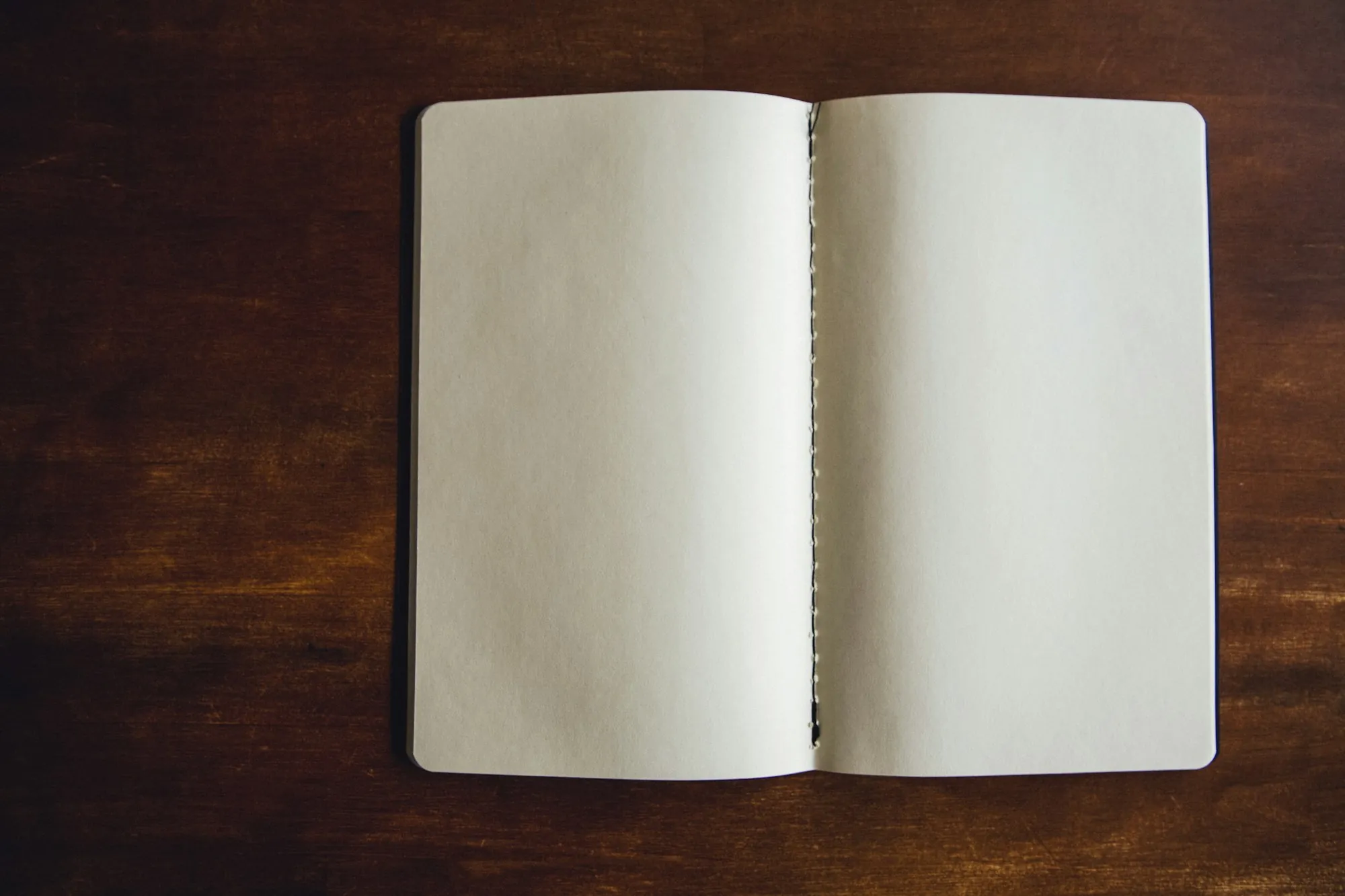 The blank pages of an open notebook