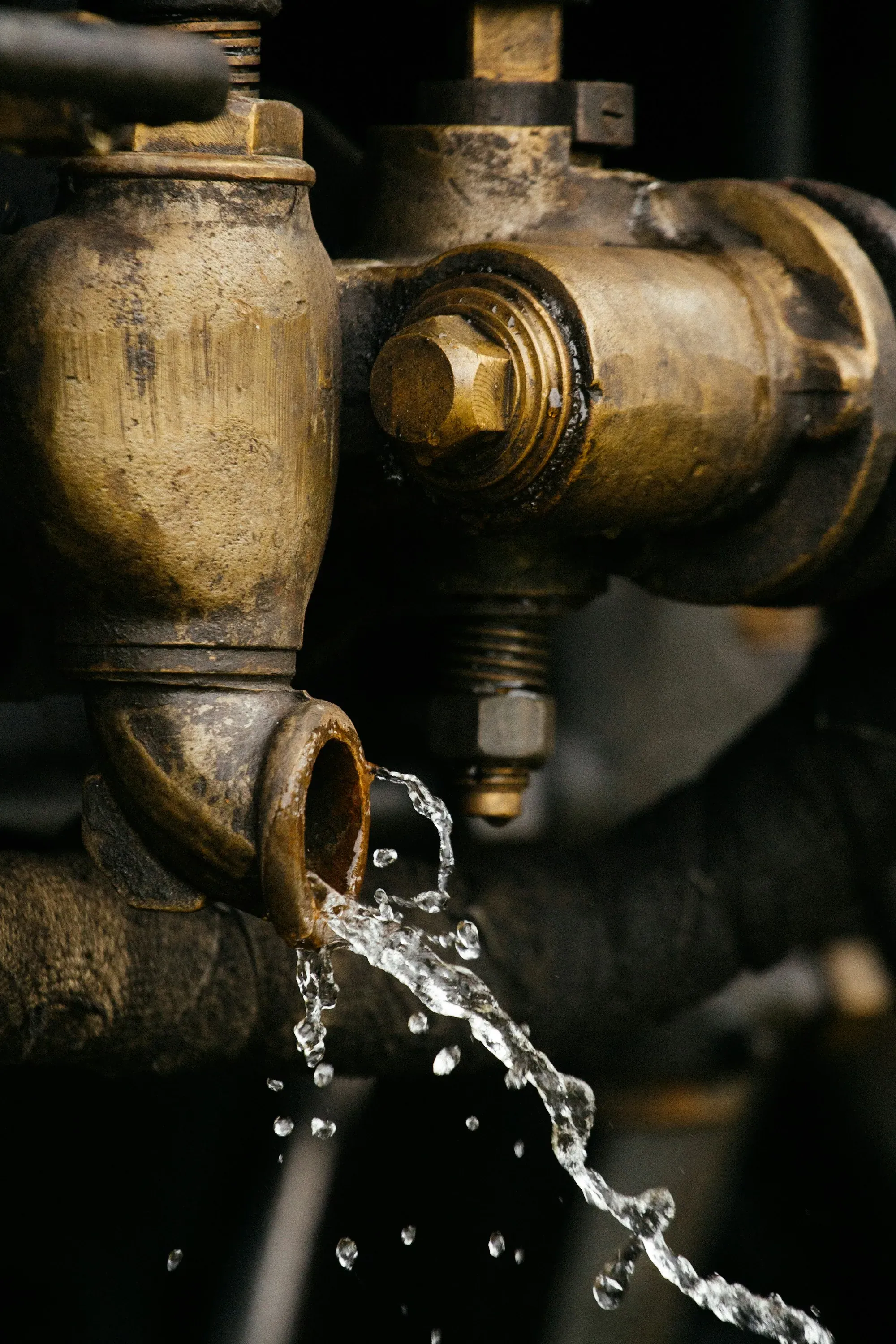 A water droplet clinging to a brass pipe