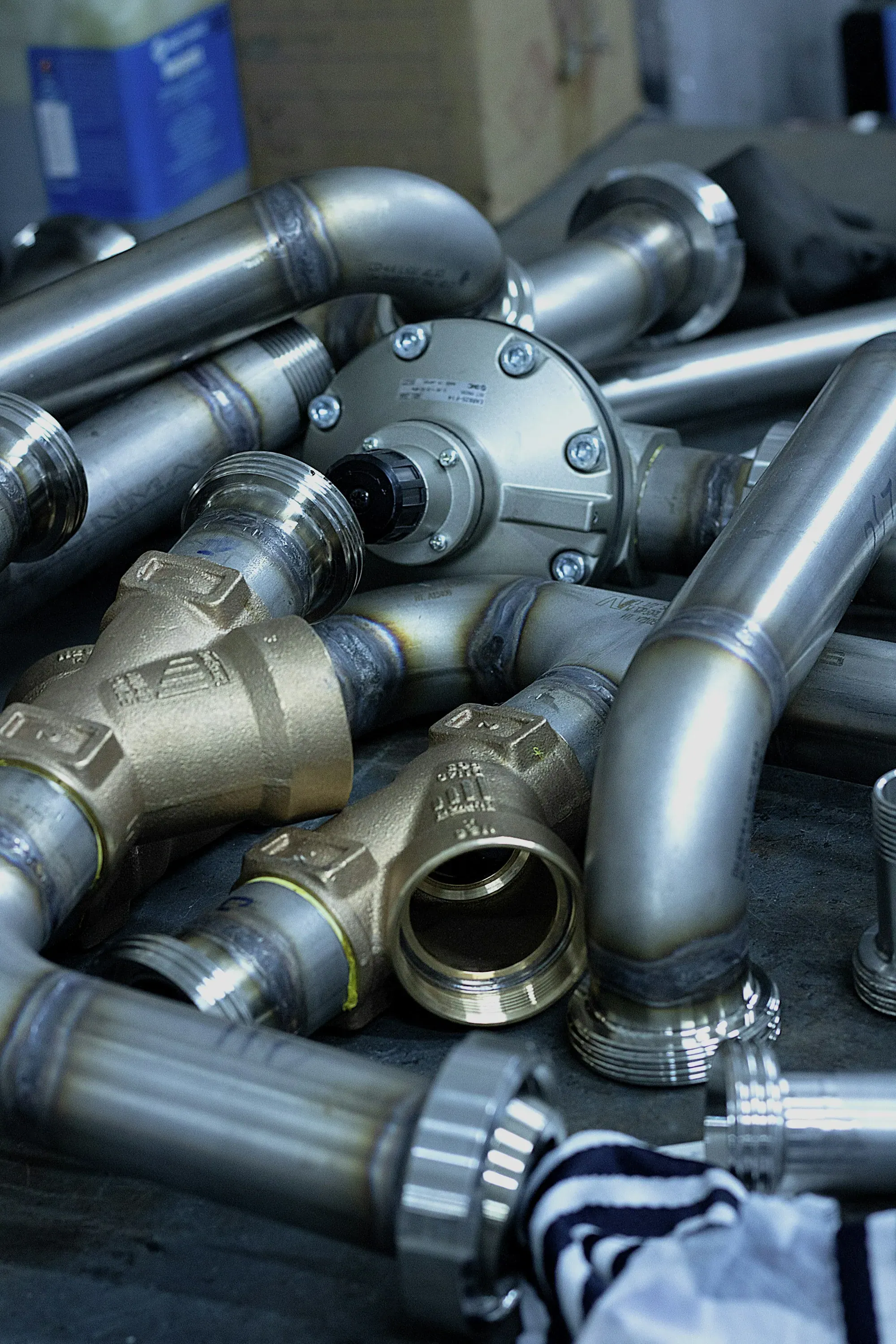 An assortment of pipe fittings laid out on a bench