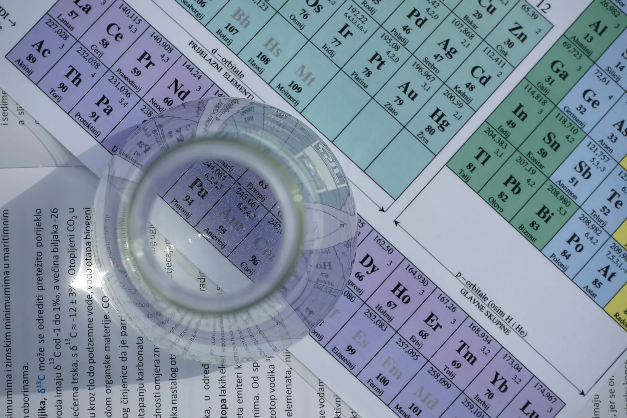 A round clear sample glass resting on white paper